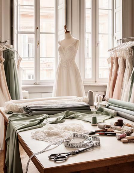 Interno dell'atelier Di Maio Sposa a Roma con tavolo da taglio, tessuti italiani e luce naturale