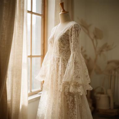 Abito da sposa boho in pizzo morbido con maniche lunghe accanto a una finestra